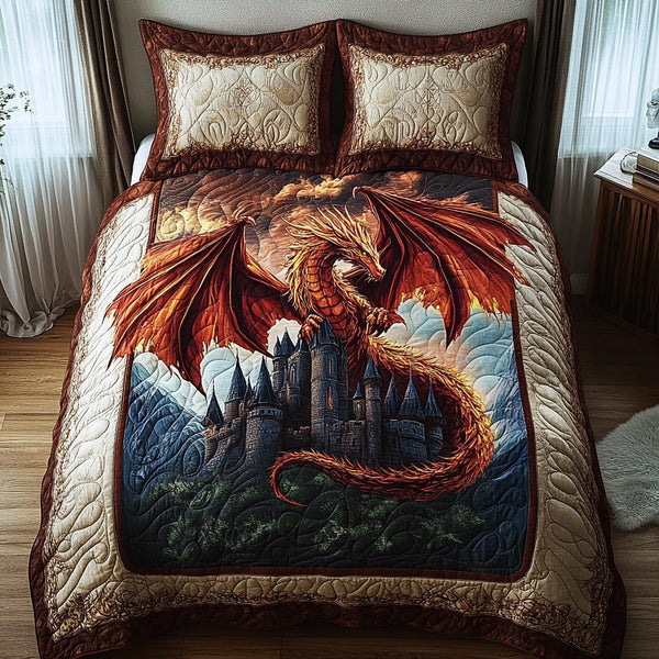 Azure Inferno quilted 3-piece bedding set on a made bed with two matching pillow shams