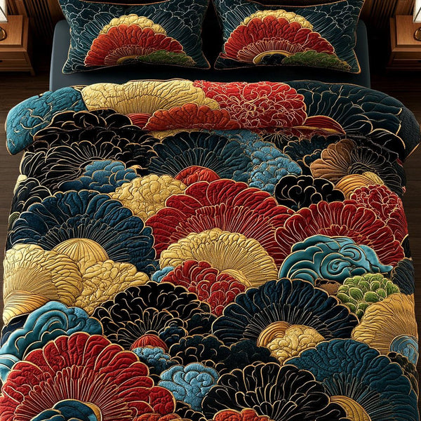 Azure Layers quilted 3-piece bedding set on a made bed with two matching pillow shams