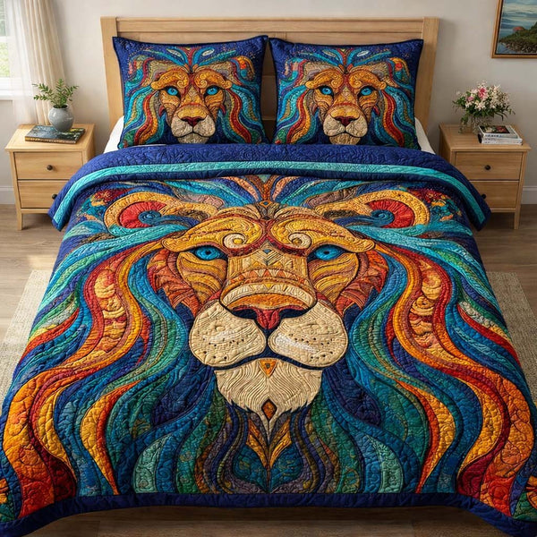 Azure Lion quilted 3-piece bedding set on a made bed with two matching pillow shams