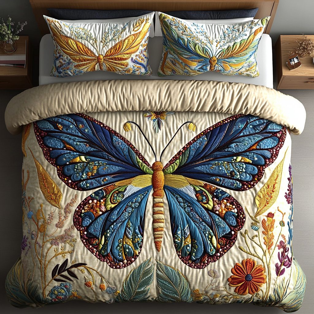 Azure Monarch quilted 3-piece bedding set on a made bed with two matching pillow shams