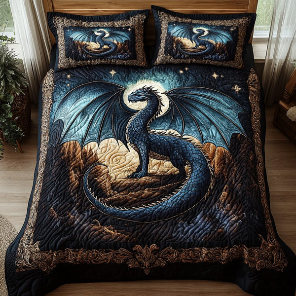 Azure Scales quilted 3-piece bedding set on a made bed with two matching pillow shams