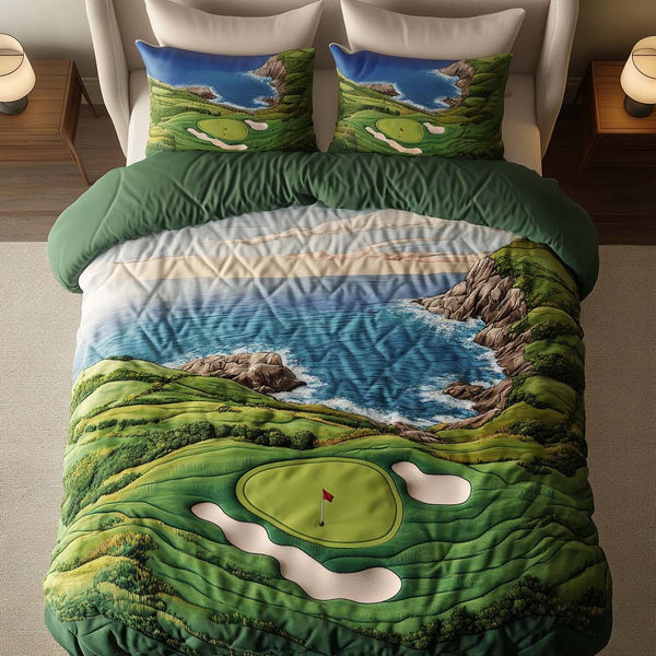 Azure Skies Golf Course quilted 3-piece bedding set on a made bed with two matching pillow shams