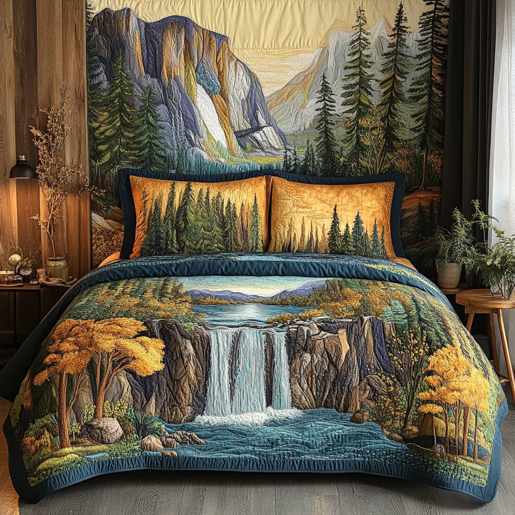 Azure Slumber quilted 3-piece bedding set on a made bed with two matching pillow shams