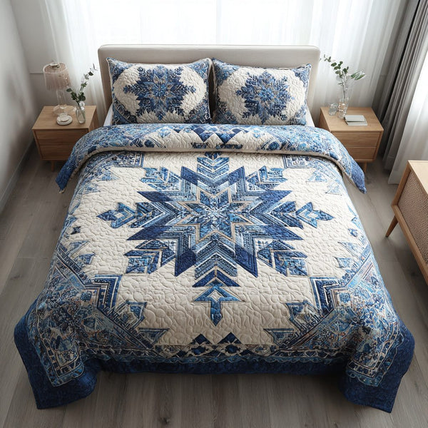 Azure Snowflake Burst quilted 3-piece bedding set on a made bed in a winter-styled bedroom