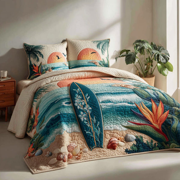 Azure Tide quilted 3-piece bedding set on a made bed in a light coastal bedroom