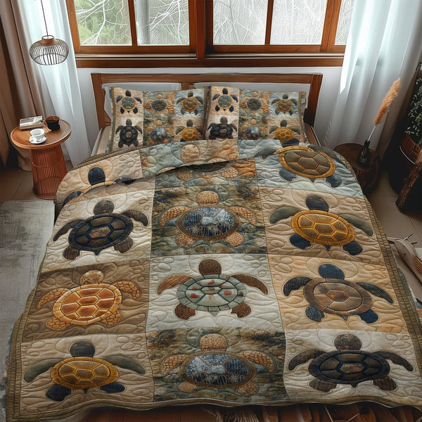 Azure Turtle Cove quilted 3-piece bedding set on a made bed in a light coastal bedroom