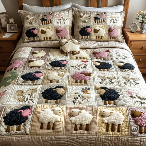 Baa Baa Beauty quilted 3-piece bedding set on a made bed with two matching pillow shams