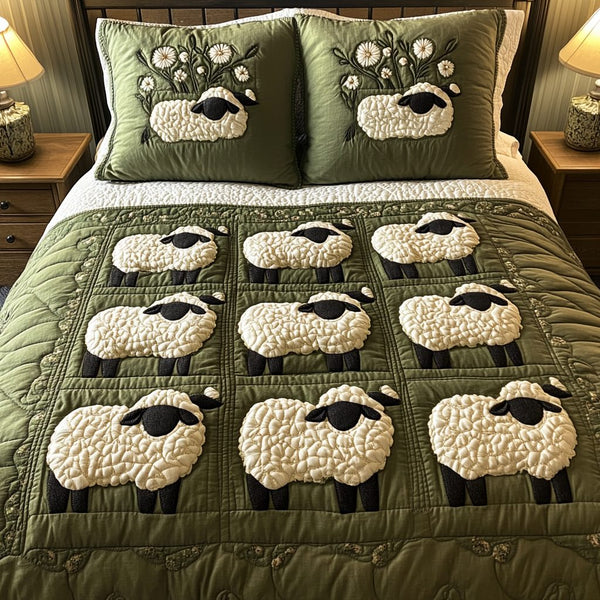 Baa Blessing quilted 3-piece bedding set on a made bed with two matching pillow shams