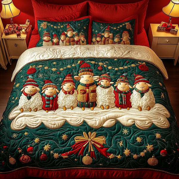 Baah-mas Holiday quilted 3-piece bedding set on a made bed in a winter-styled bedroom