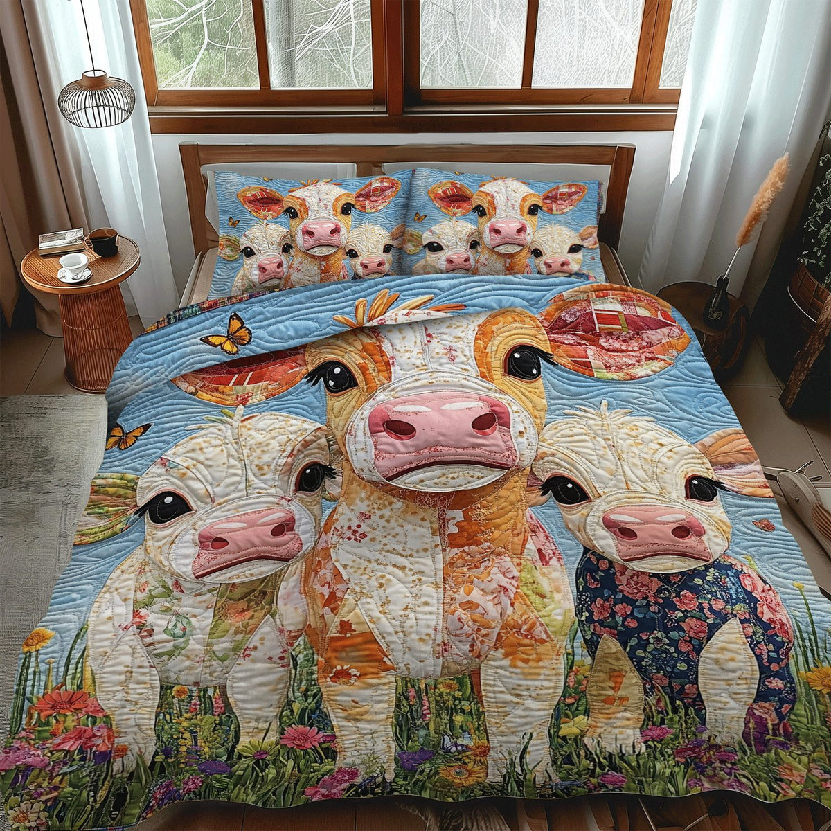 Baby Cows quilted 3-piece bedding set on a made bed with two matching pillow shams
