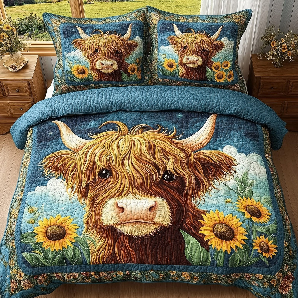 Baby Highland Cow quilted 3-piece bedding set on a made bed with two matching pillow shams