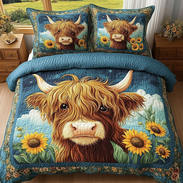 Baby Highland Cow quilted 3-piece bedding set on a made bed with two matching pillow shams