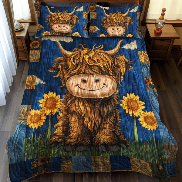 Baby Highland Cow quilted 3-piece bedding set on a made bed with two matching pillow shams
