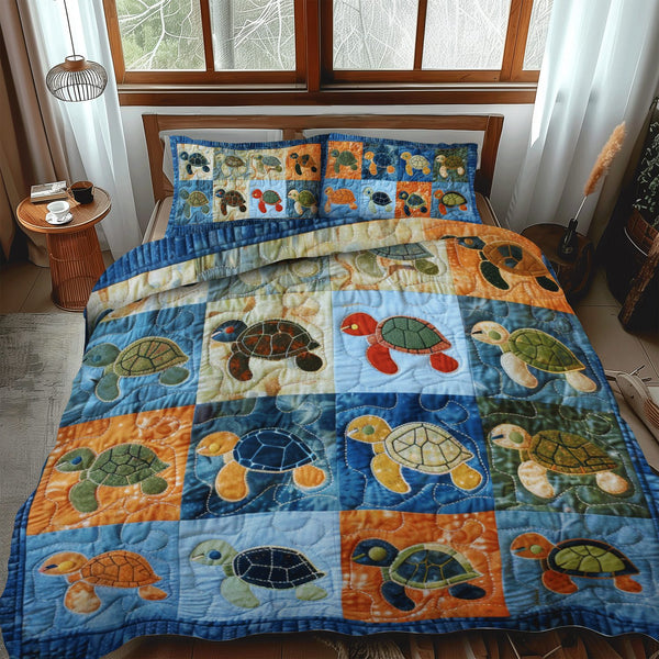 Baby Turtle quilted 3-piece bedding set on a made bed in a light coastal bedroom