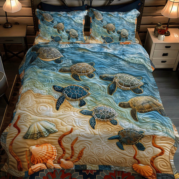 Baby Turtle Voyage quilted 3-piece bedding set on a made bed in a light coastal bedroom