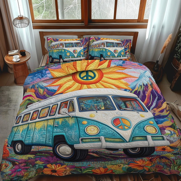 Backcountry Bliss quilted 3-piece bedding set on a made bed in a farmhouse bedroom