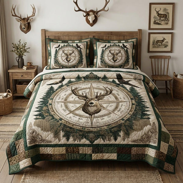 Backwoods Badge quilted 3-piece bedding set on a made bed with two matching pillow shams