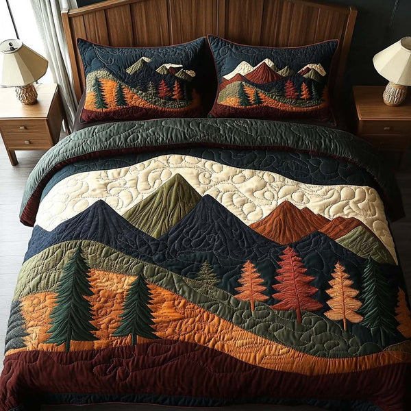 Backwoods Serenity quilted 3-piece bedding set on a made bed with two matching pillow shams