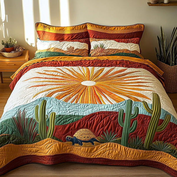 Backyard Wanderer quilted 3-piece bedding set on a made bed with two matching pillow shams