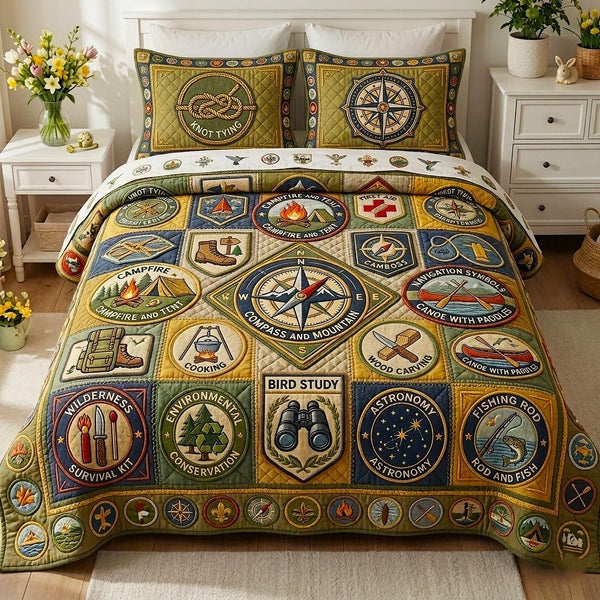 Badge Spirit quilted 3-piece bedding set on a made bed with two matching pillow shams