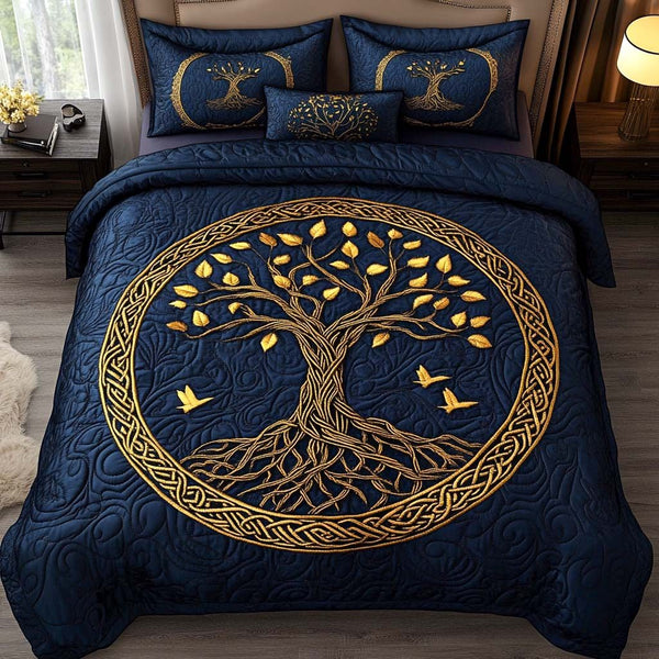 Balance Bloom quilted 3-piece bedding set on a made bed with two matching pillow shams