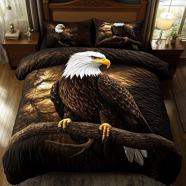 Bald Eagle Horizon quilted 3-piece bedding set on a made bed in a warmly lit bedroom