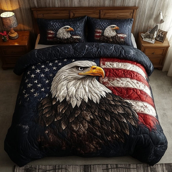 Bald Eagle Majesty quilted 3-piece bedding set on a made bed in a warmly lit bedroom