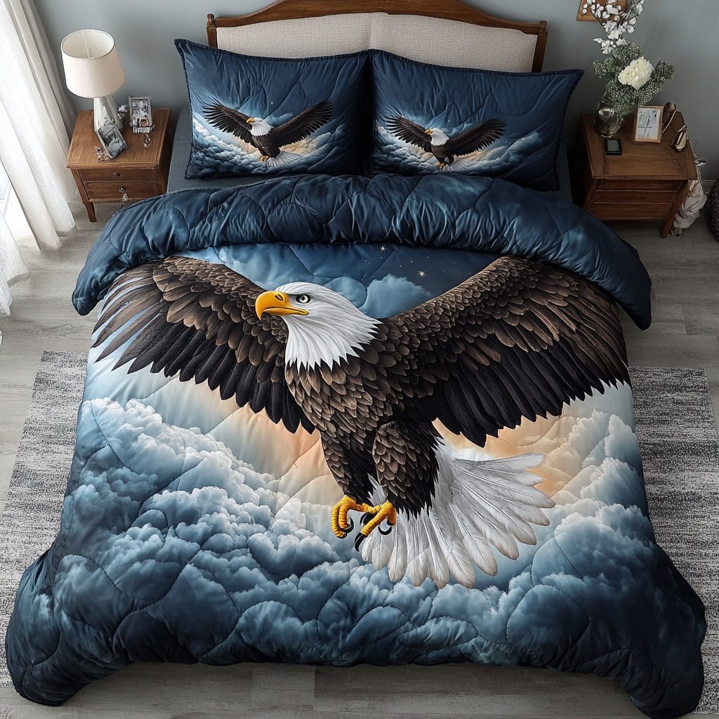 Bald Eagle Sky quilted 3-piece bedding set on a made bed in a warmly lit bedroom
