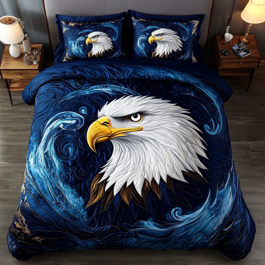 Bald Eagle Soar quilted 3-piece bedding set on a made bed in a warmly lit bedroom