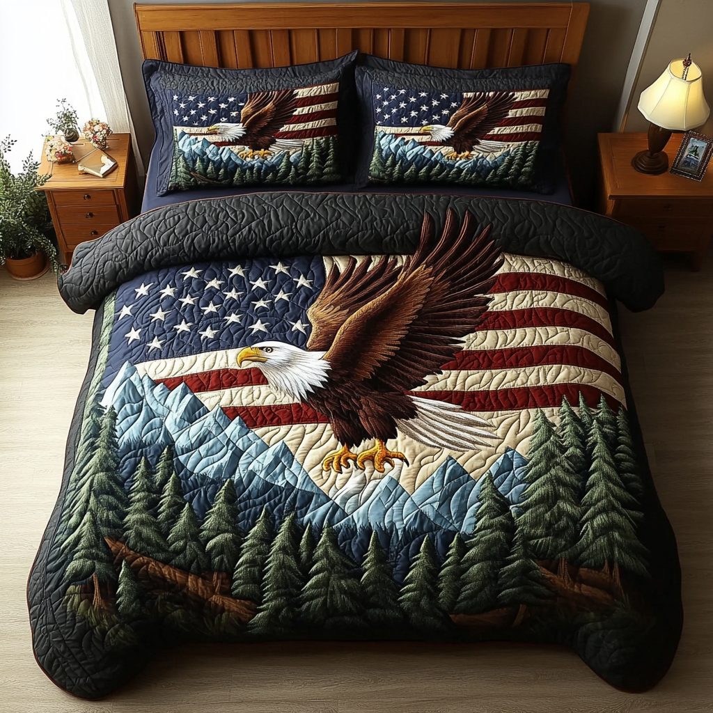 Bald Eagle Spirit quilted 3-piece bedding set on a made bed in a warmly lit bedroom