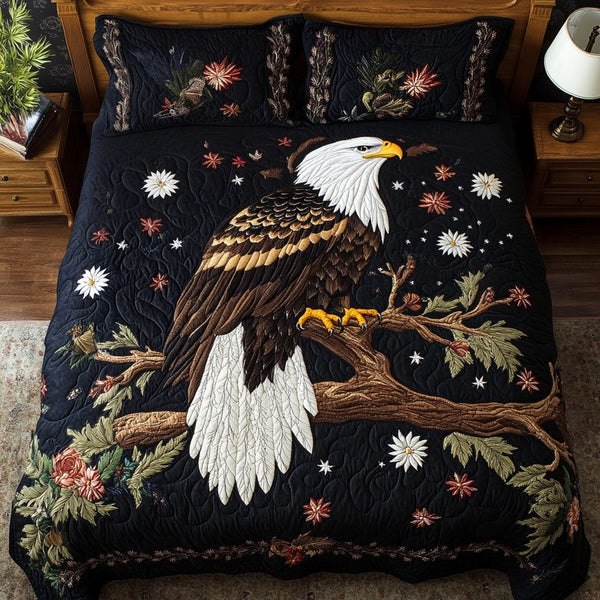 Bald Eagle Spirit quilted 3-piece bedding set on a made bed in a warmly lit bedroom