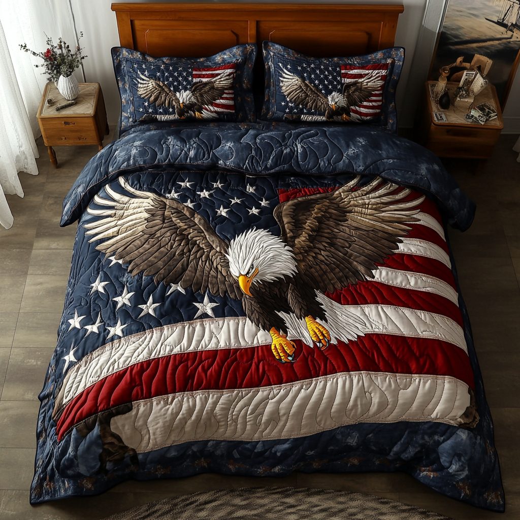 Bald Eagle View quilted 3-piece bedding set on a made bed in a warmly lit bedroom
