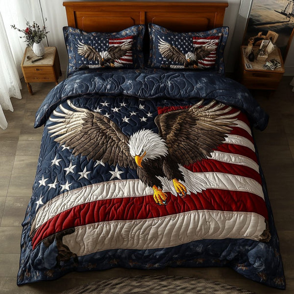 Bald Eagle View quilted 3-piece bedding set on a made bed in a warmly lit bedroom