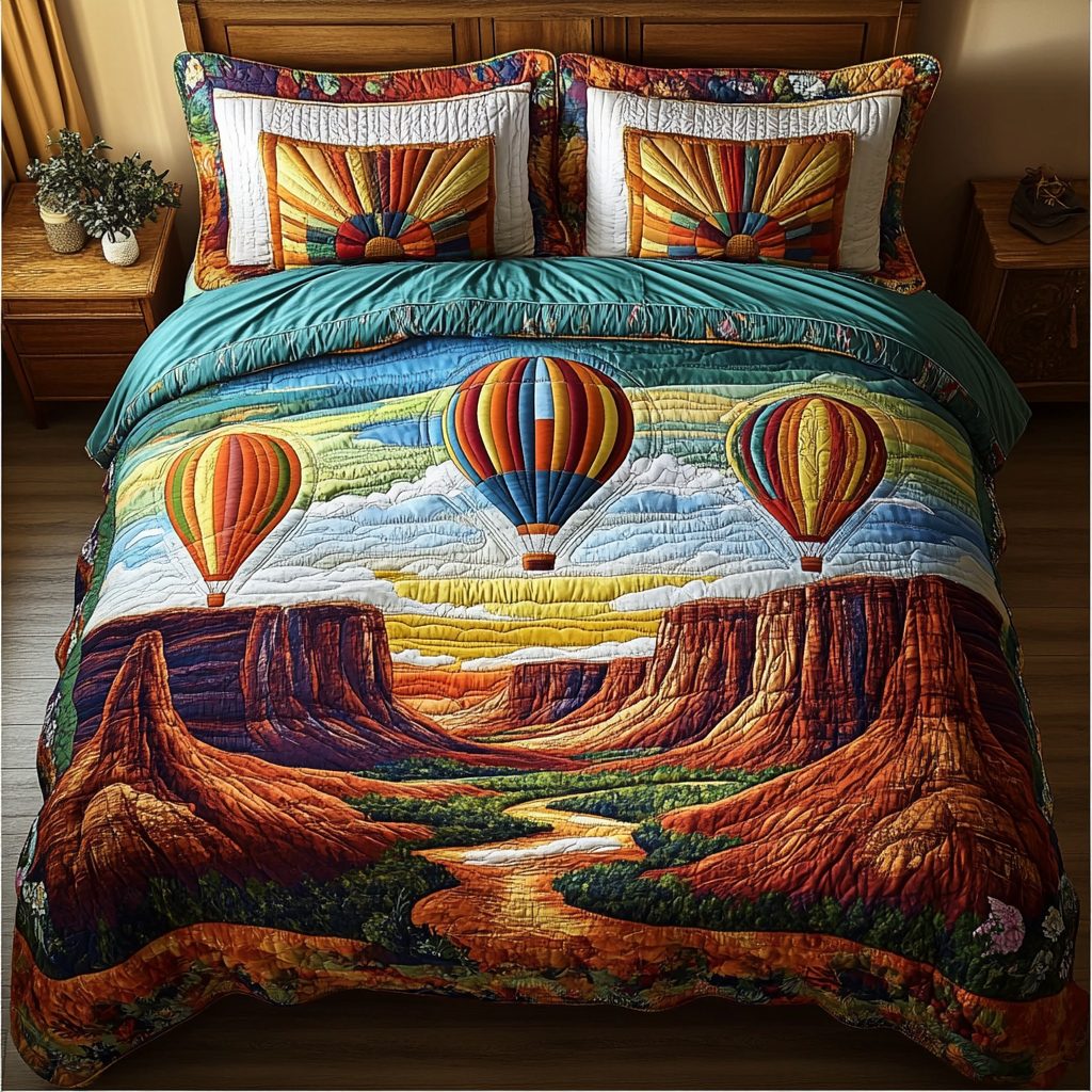 Balloon Adventure quilted 3-piece bedding set on a made bed in a winter-styled bedroom