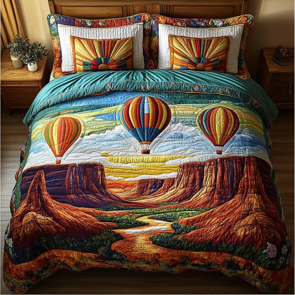 Balloon Adventure quilted 3-piece bedding set on a made bed in a winter-styled bedroom