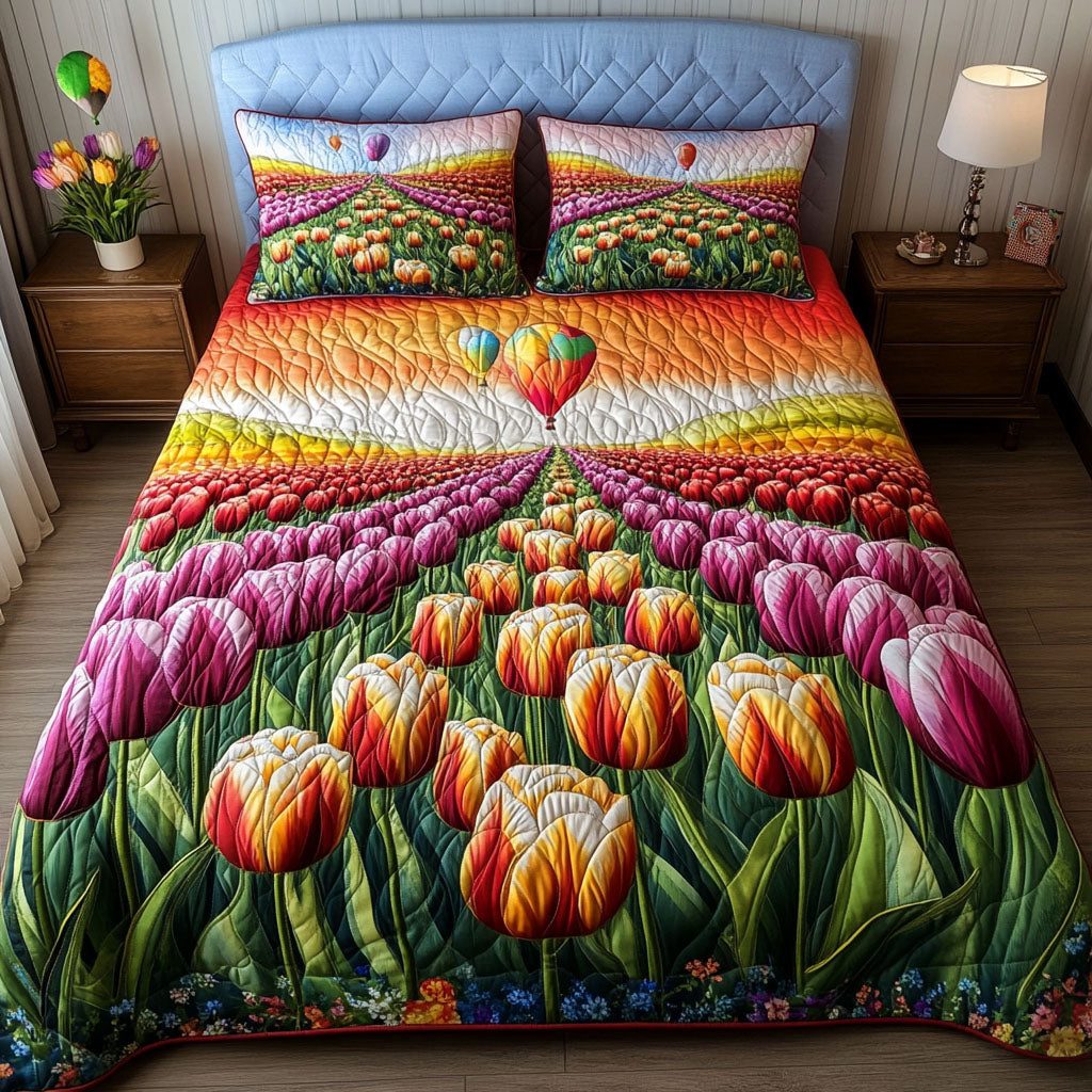 Balloon Bloom Trail quilted 3-piece bedding set on a made bed with two matching pillow shams