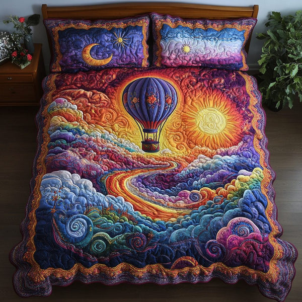 Balloon Odyssey quilted 3-piece bedding set on a made bed with two matching pillow shams