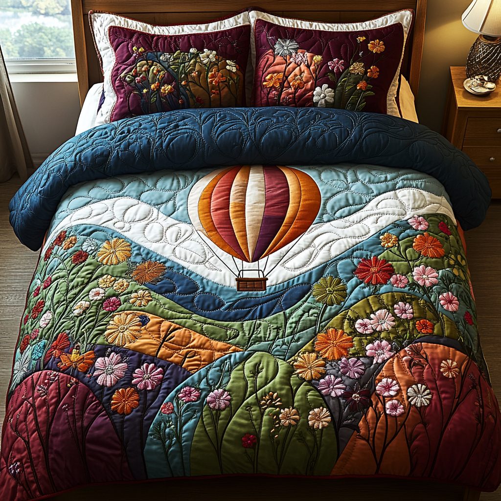 Balloon Odyssey quilted 3-piece bedding set on a made bed with two matching pillow shams