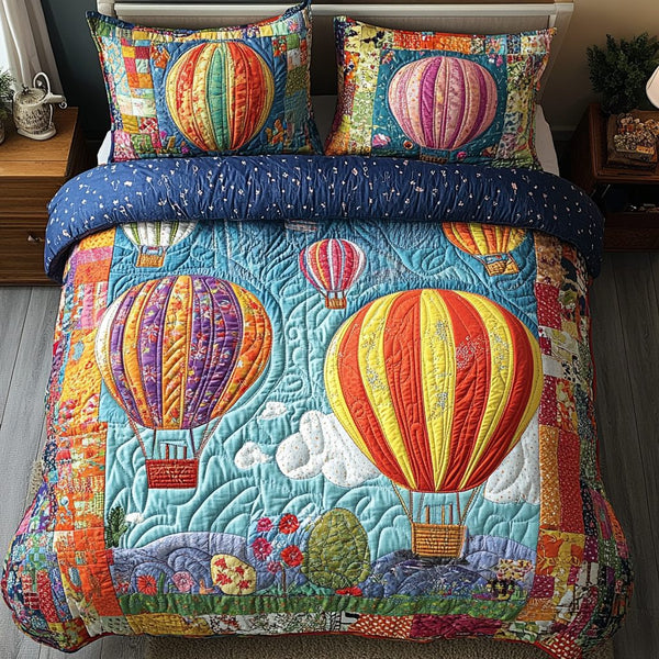 Balloon Odyssey quilted 3-piece bedding set on a made bed with two matching pillow shams