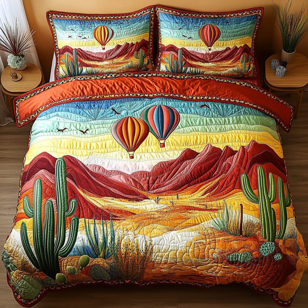 Balloon Sky quilted 3-piece bedding set on a made bed with two matching pillow shams