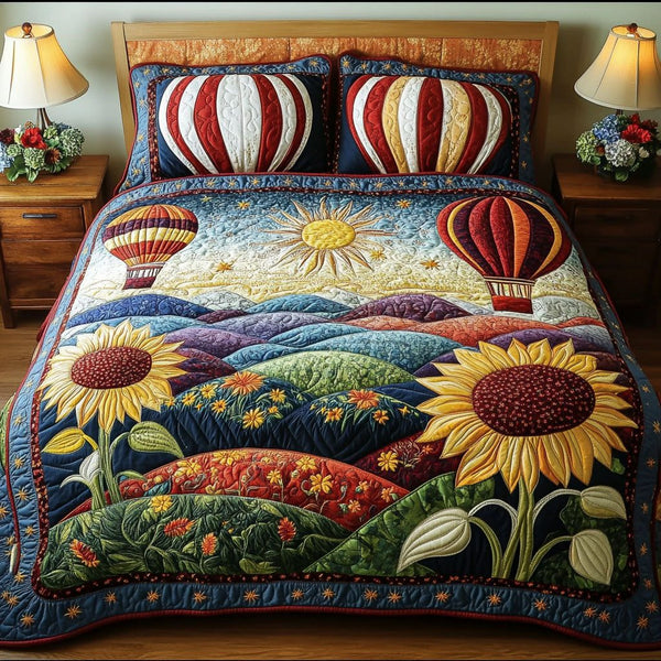 Balloons Over Bloom Valley quilted 3-piece bedding set on a made bed with two matching pillow shams