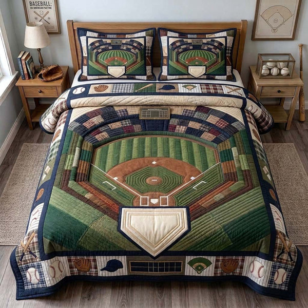 Ballpark Diamond quilted 3-piece bedding set on a made bed with two matching pillow shams