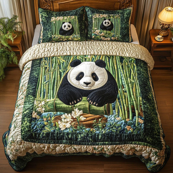 Bamboo Forest Friend quilted 3-piece bedding set on a made bed with two matching pillow shams