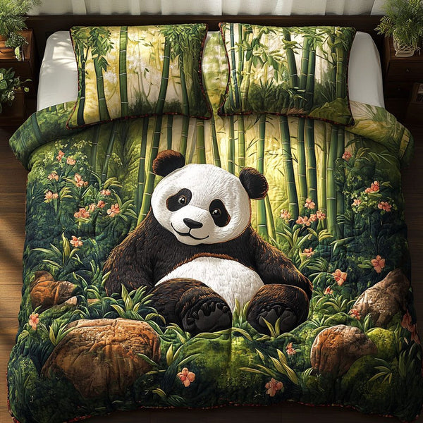Bamboo Panda Rest quilted 3-piece bedding set on a made bed with two matching pillow shams