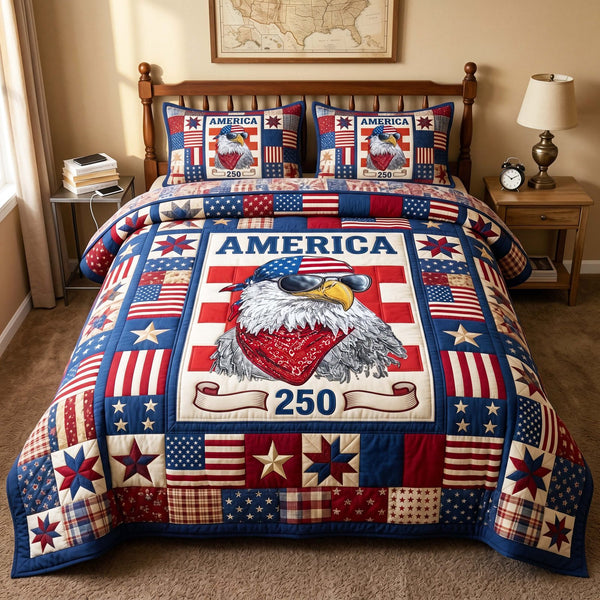 Bandana Eagle quilted 3-piece bedding set on a made bed in a warmly lit bedroom