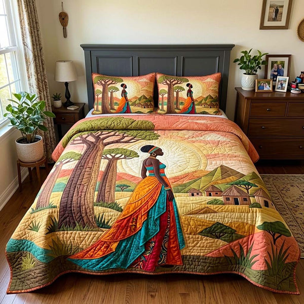 Baobab Grace quilted 3-piece bedding set on a made bed with two matching pillow shams