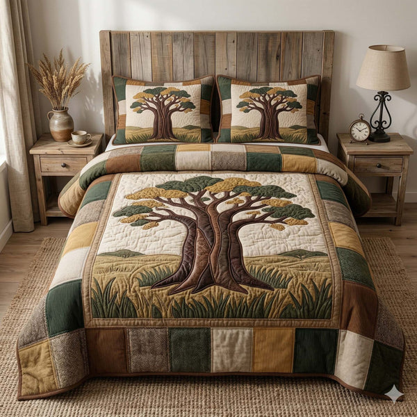 Baobab Spirit quilted 3-piece bedding set on a made bed with two matching pillow shams