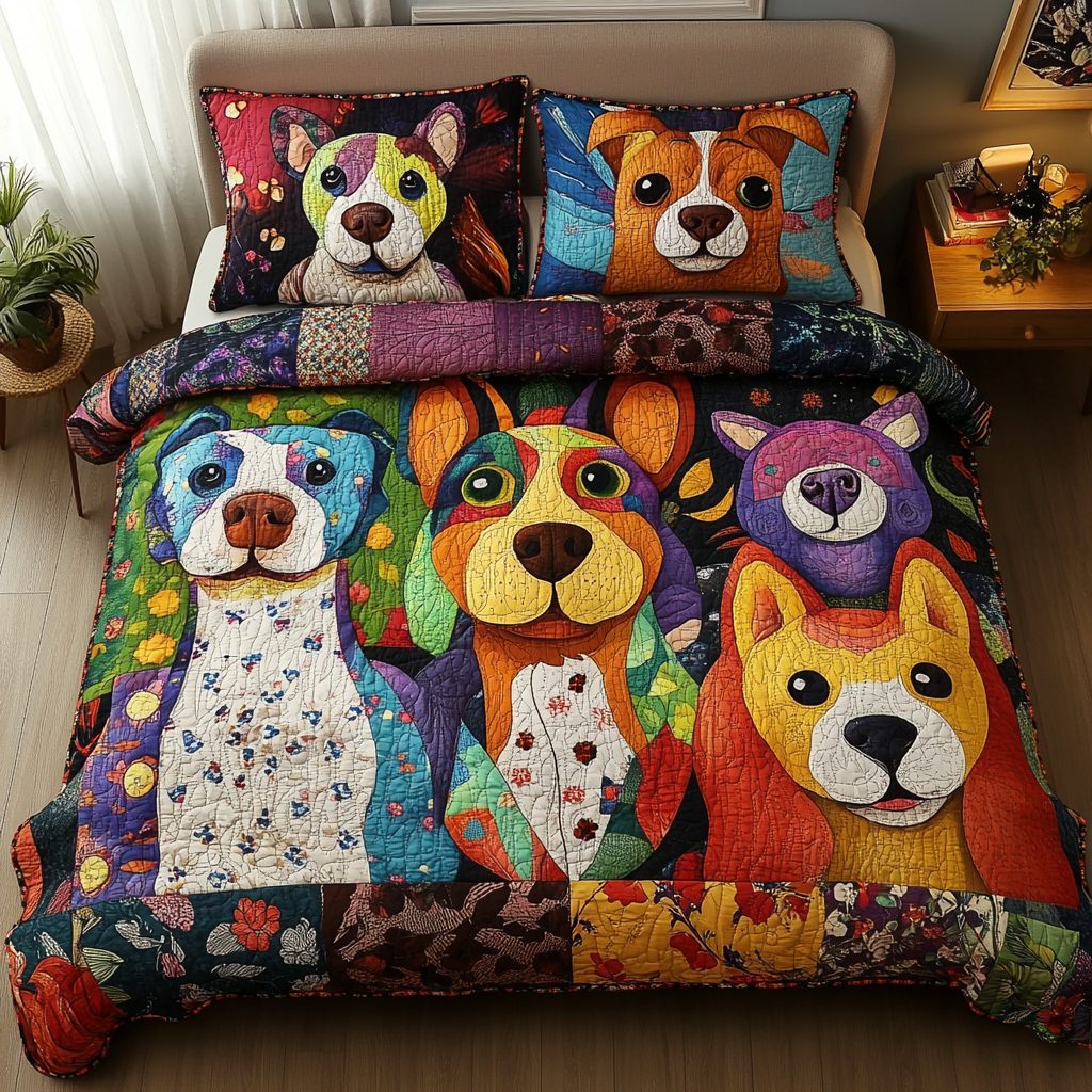 Barking Bliss quilted 3-piece bedding set on a made bed with two matching pillow shams