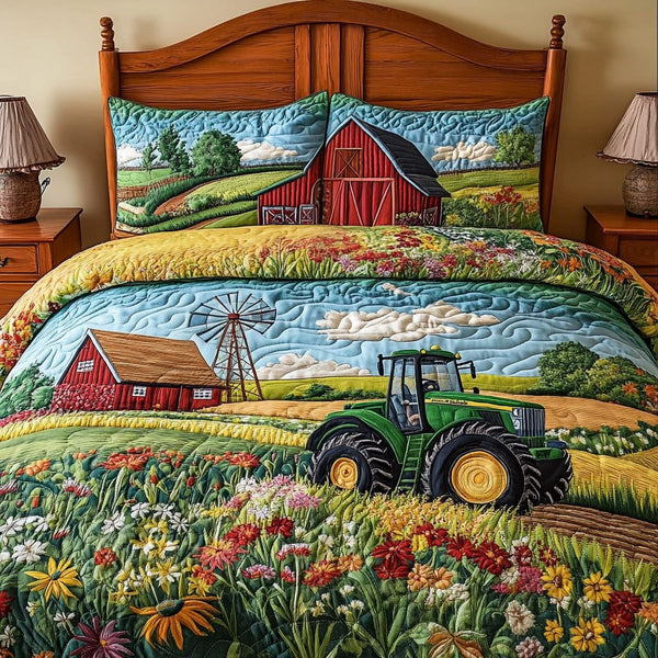 Barn and Bloom quilted 3-piece bedding set on a made bed in a farmhouse bedroom