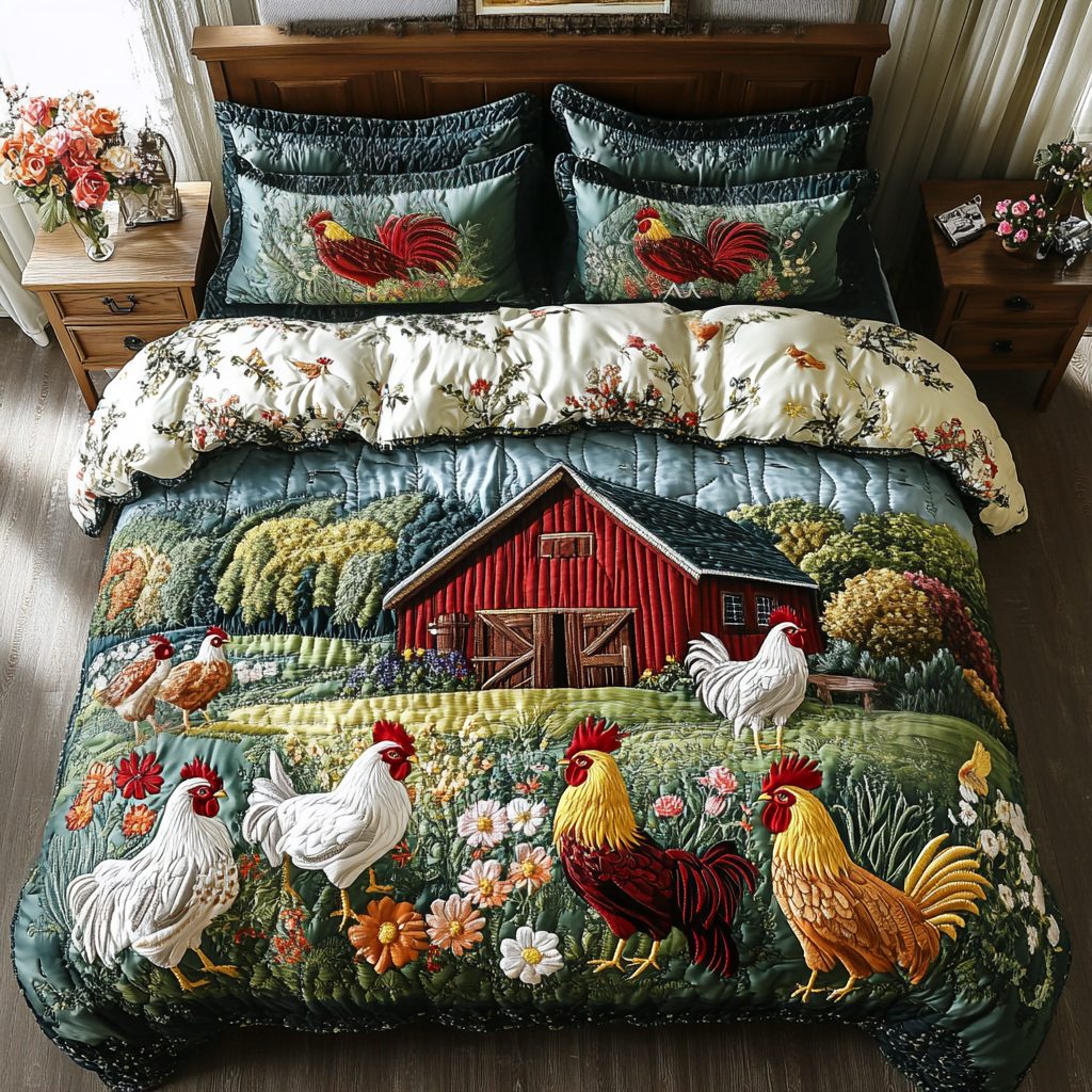 Barn Beauty quilted 3-piece bedding set on a made bed in a farmhouse bedroom